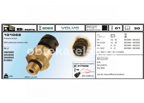 Датчик давления пневморессор 0-15BAR Volvo FH/FM он 20829689 AUGER 71955